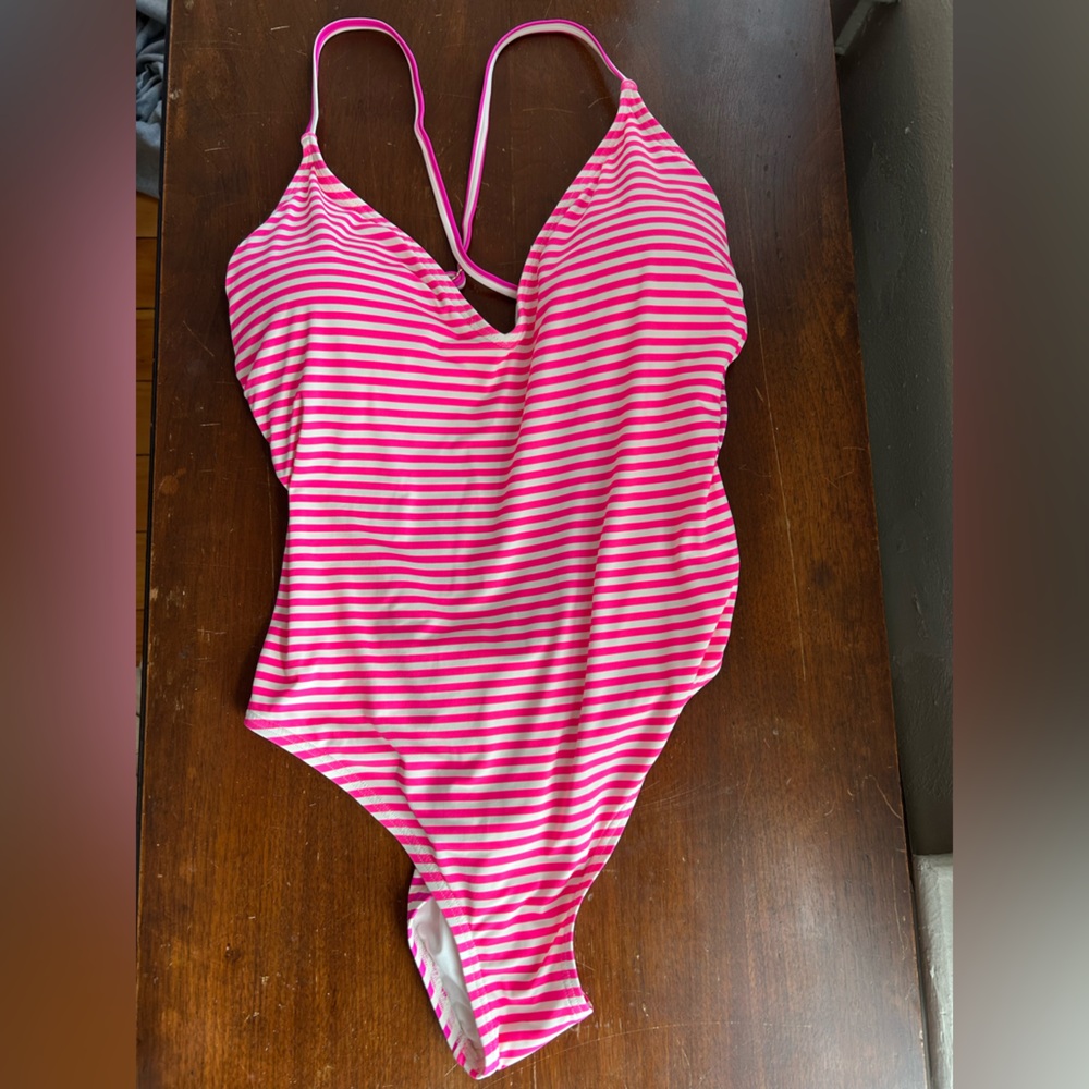 Kate Spade XL Striped One Piece Swimsuit Pink Purple Open Back